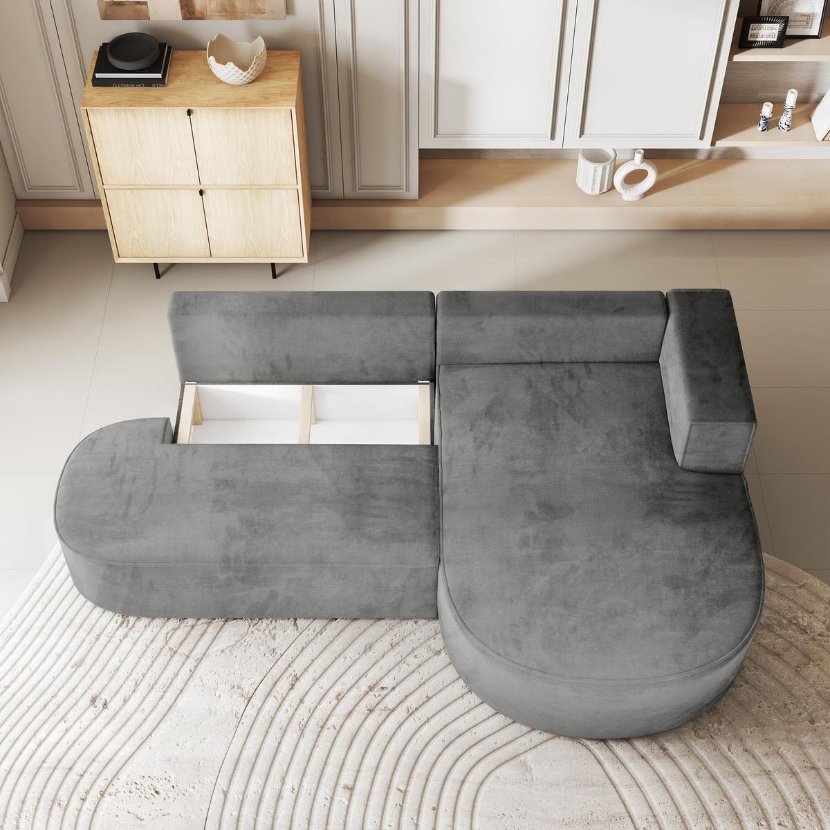 ECKSOFA CORTIO M R-S Grau Velours-Stoff mit Schlaffunktion - Grau, Holz/Kunststoff (265/174cm) - MASSENO