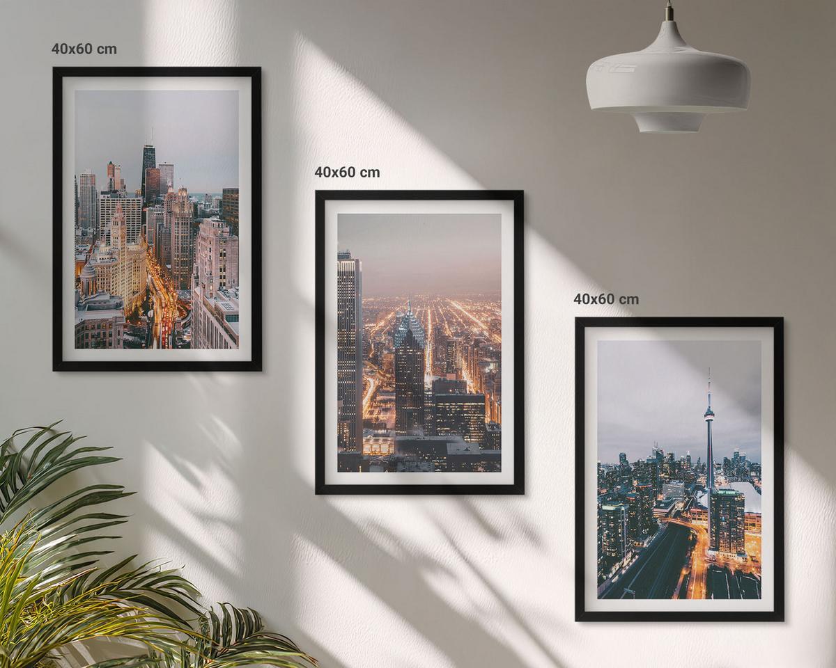 BILDER SET 3er Set - 40x60 cm Schwarzer Rahmen - Städte bei Nacht, Wolkenkratzer, Lichter - Schwarz, Kunststoff (40/60cm) - TULUP