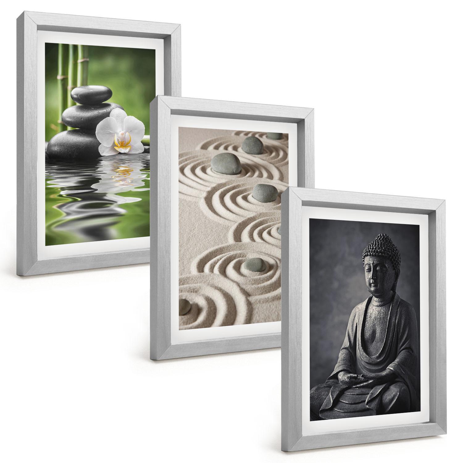 BILDER SET 3er Set - 20x30 cm Silberner Rahmen - Entspannender Blick auf den Zen-Buddha - Silberfarben, Kunststoff (20/30cm) - TULUP