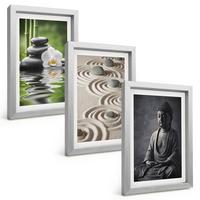 BILDER SET 3er Set - 20x30 cm Silberner Rahmen - Entspannender Blick auf den Zen-Buddha - Silberfarben, Kunststoff (20/30cm) - TULUP