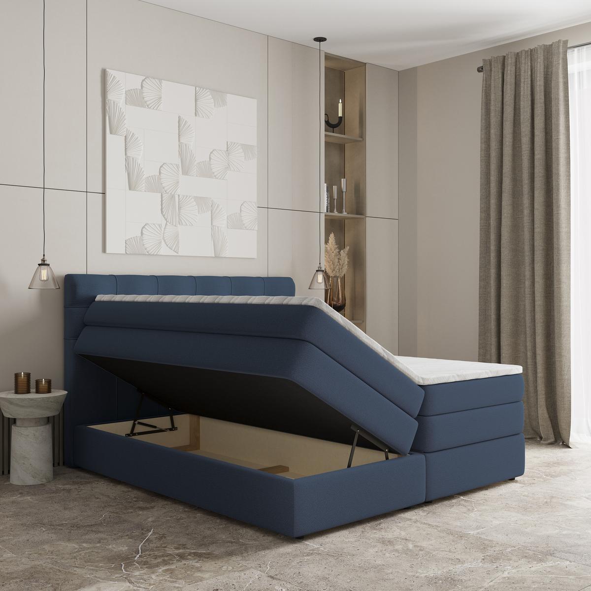 BOXSPRINGBETT AREZI 140x200 cm mit Matratze und Topper - Blau - Blau, Holz (140/200cm) - MASSENO