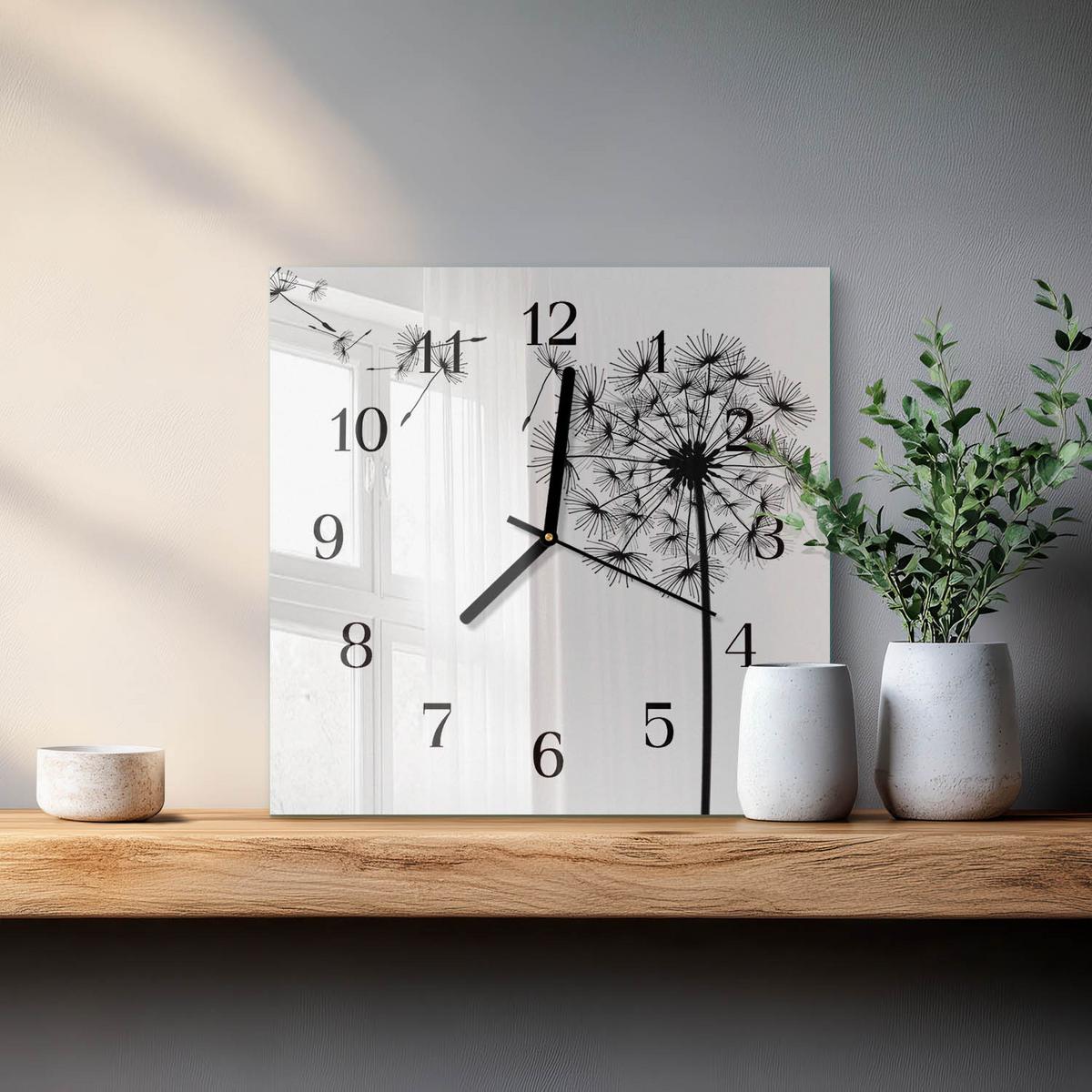 WANDUHR aus Glas 30x30 cm - Löwenzahn - Schwarz, Glas (30/30/0.4cm) - TULUP