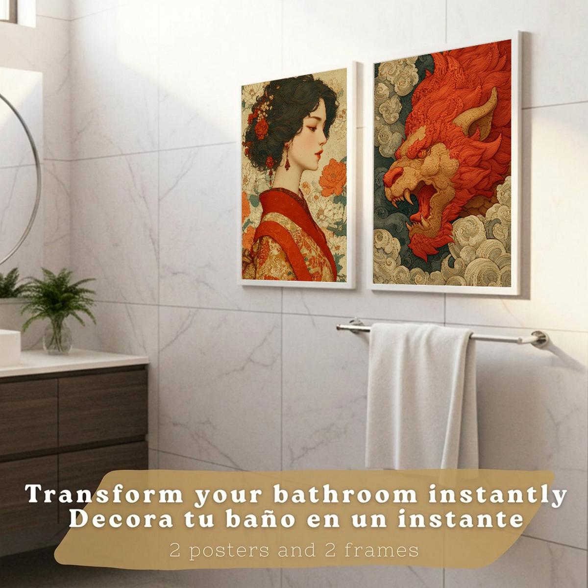 POSTER 2er-Set dekorative Badezimmer-Kunstdrucke, im japanischen Stil für Wand, Toilette mit orientalischem Drachen und Frau Weißer Rahmen A4 - Weiß, Papier (29.7/21/3cm) - Nacnic