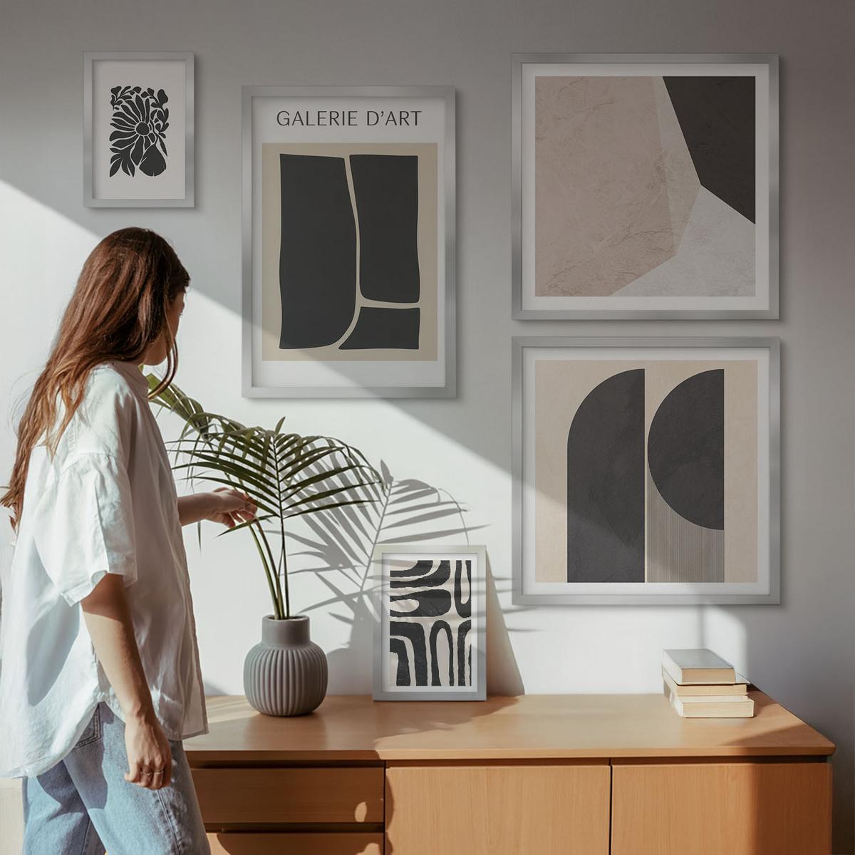 BILDER SET 5er Set - 50x50 cm & 20x30 cm & 40x60 cm Silberner Rahmen - Abstrakte minimalistische Poster - Silberfarben, Kunststoff (40/60cm) - TULUP