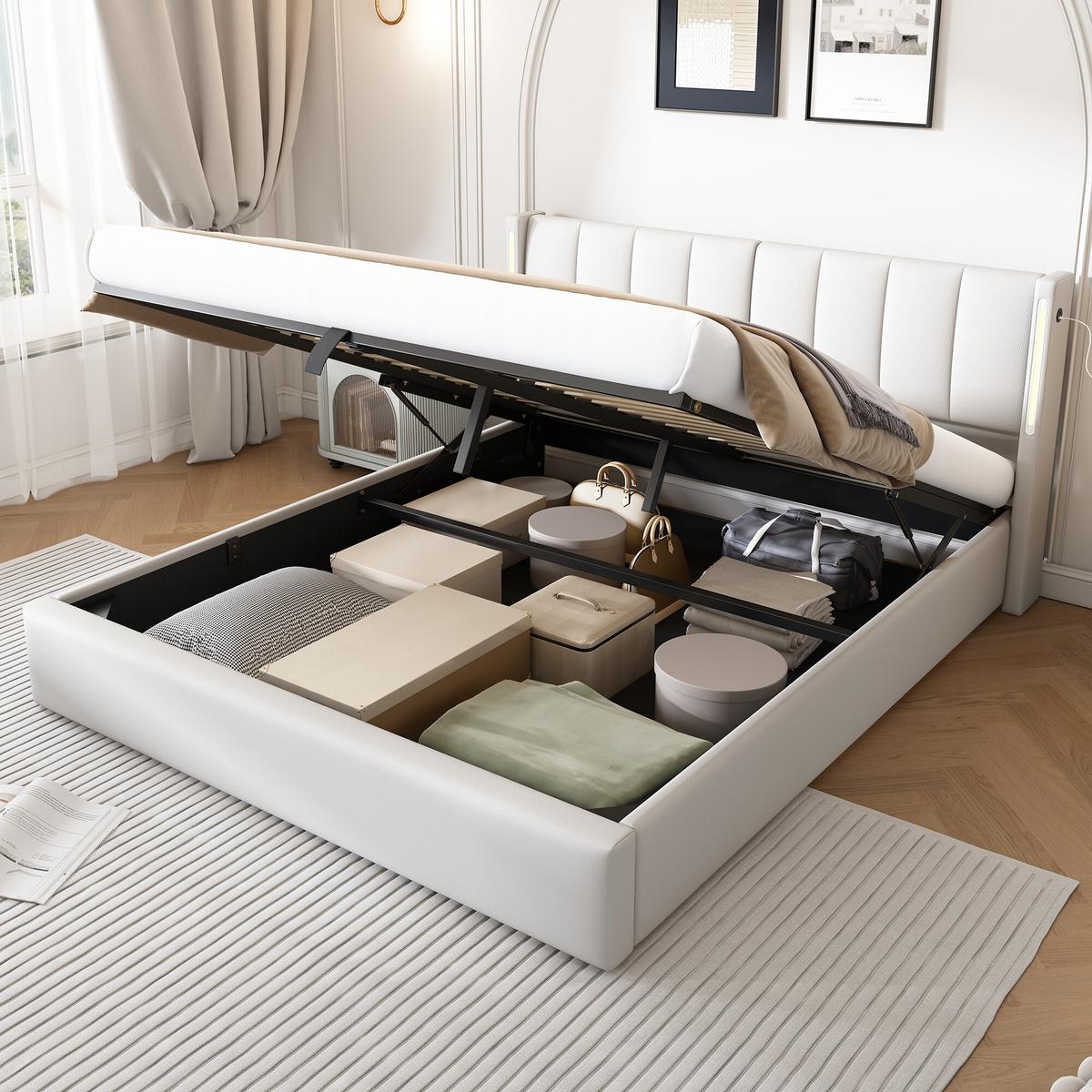 DOPPELBETT Weiß mit Stauraum und LED 207/140/103 cm - Weiß, Holzwerkstoff/Metall - Urban Meuble