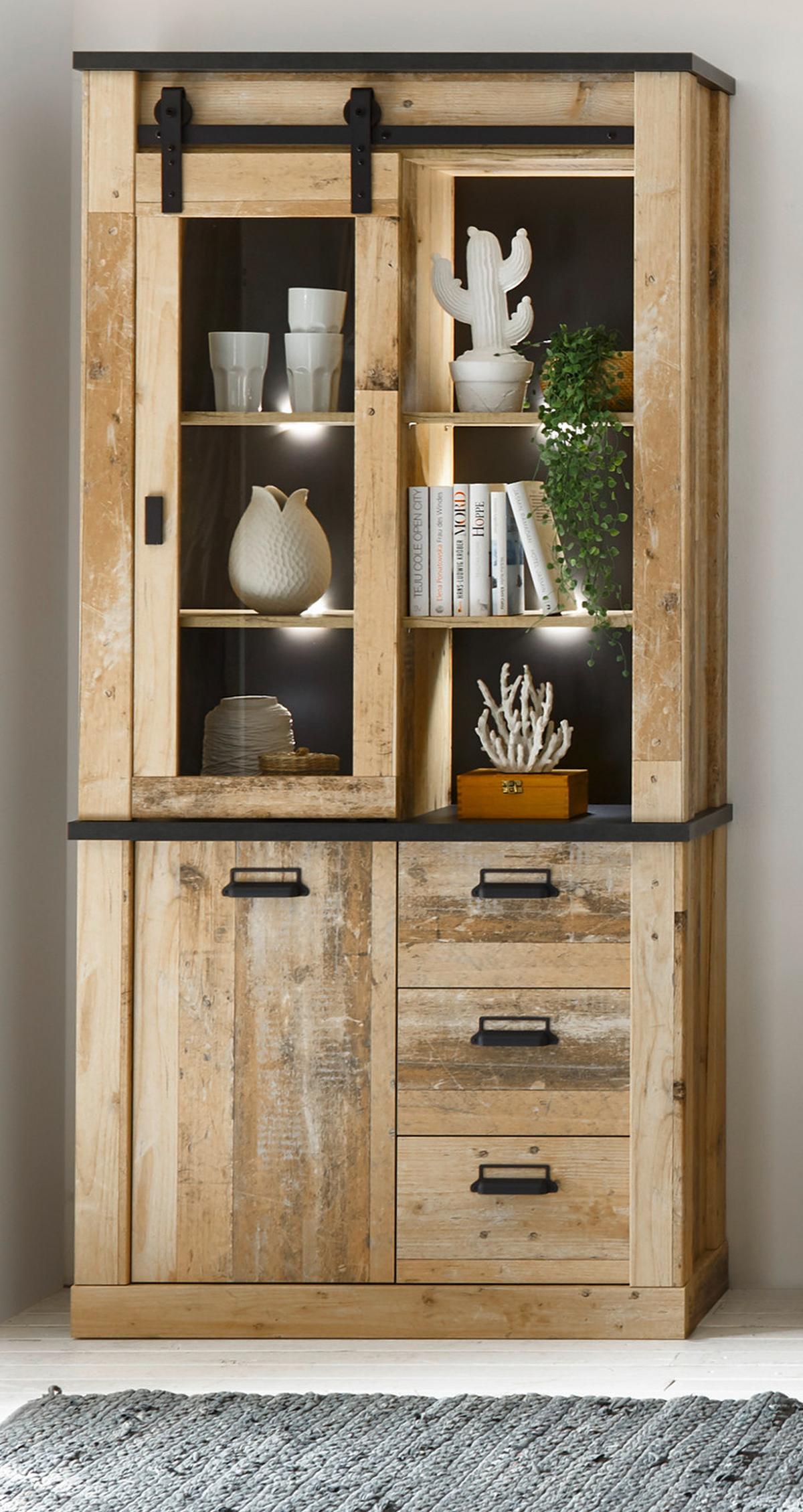 ESSZIMMER-SET Used Wood hell, anthrazit, Speisezimmer 3-teilig mit Esstisch, Vitrine Sideboard - Eichefarben/Anthrazit, Holzwerkstoff (275/201/80cm) - Furn.Design
