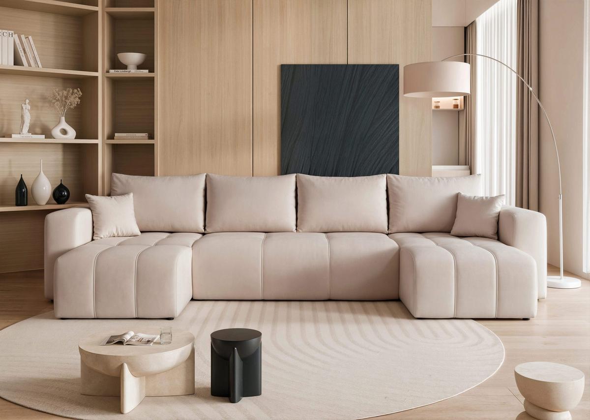 WOHNLANDSCHAFT U-Form Velours mit Bettkasten und Schlaffunktion - Beige, Holzwerkstoff/Textil (318/79/145cm) - Idohome