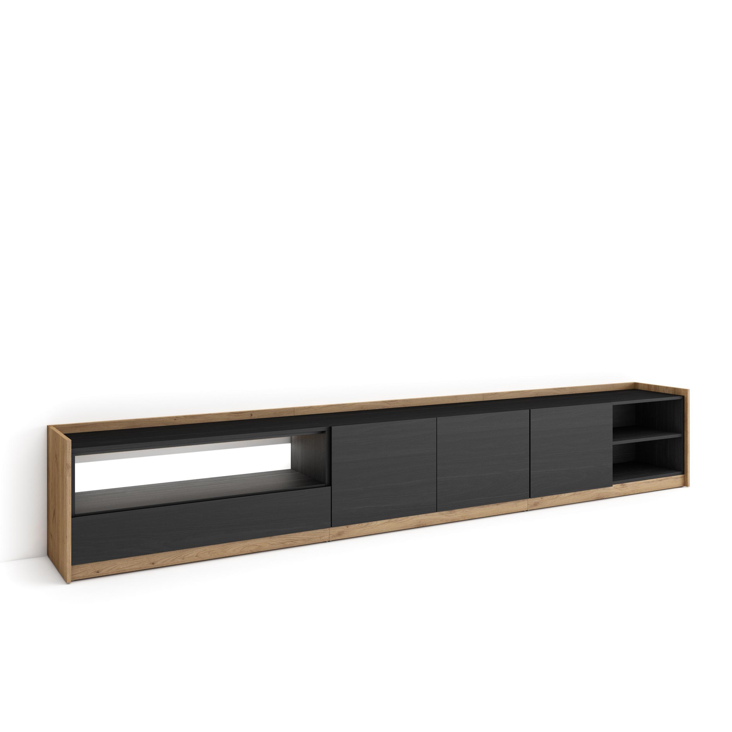 LOWBOARD, Schwarz und Eiche, 310/37/50cm, mit Led - Schwarz, Holzwerkstoff (310/50/37cm) - Skraut Home