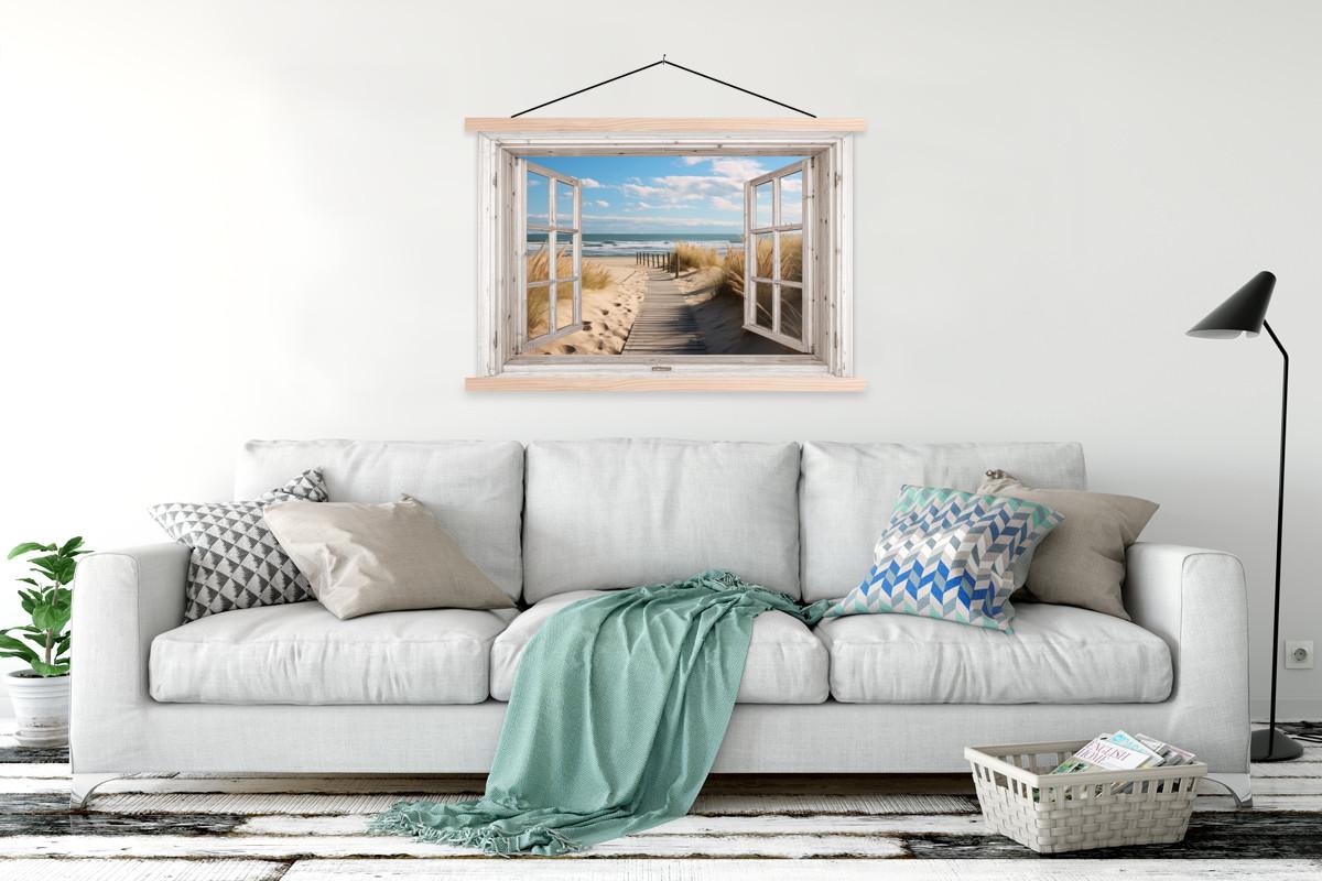 POSTER MIT MAGNETLEISTEN Fenster - Meer - Küste - Natur - Ausblick - Strand - Wattenmeer Magnetleiste 120x80 cm - Beige, Textil (120/80/0.15cm) - MuchoWow