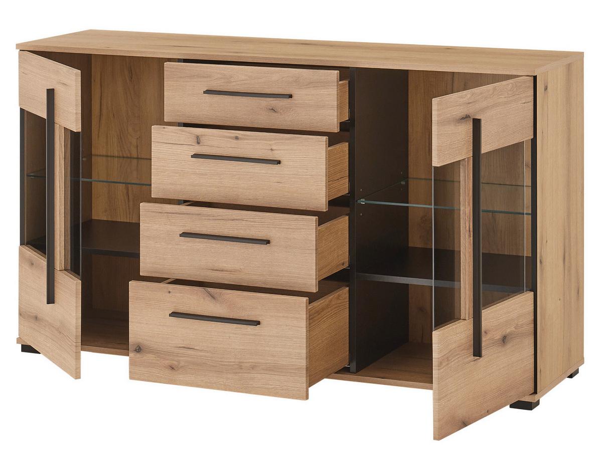 SIDEBOARD Eiche Evoke, Kommode 150 cm mit Soft-Close und Beleuchtung - Eichefarben/Schwarz, Glas/Holzwerkstoff (150/86/42cm) - Furn.Design