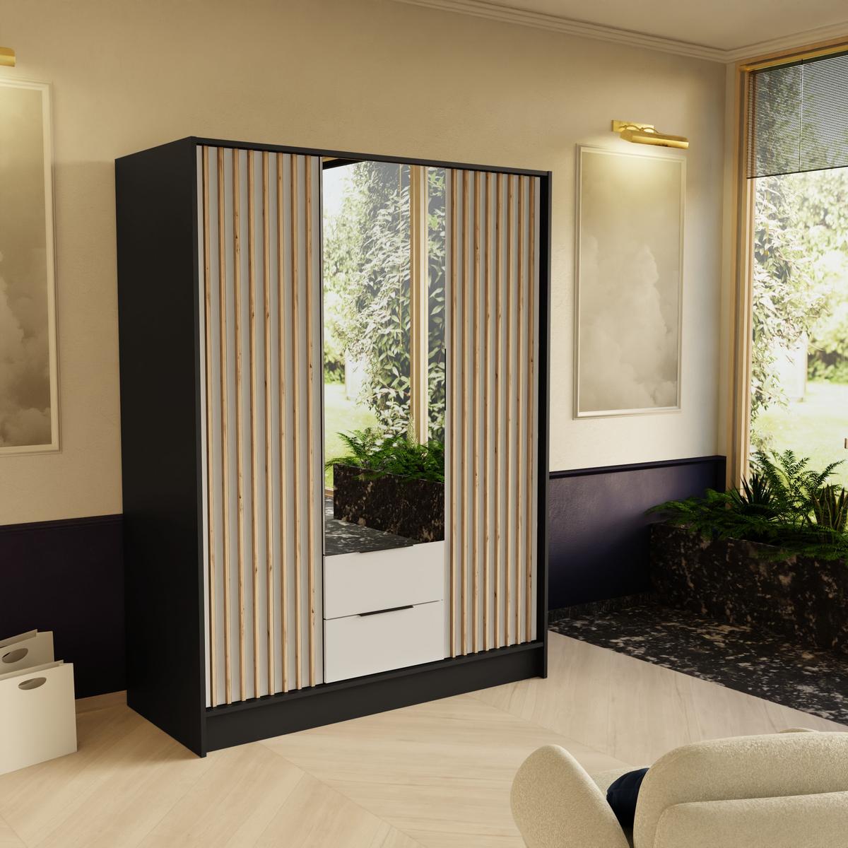 DREHTÜRENSCHRANK PELOR 150,5/200/51 cm Modern Kleiderschrank 3-türig mit Spiegel Schwarz - Schwarz/Weiß, Holzwerkstoff (150.5/200/51cm) - MASSENO