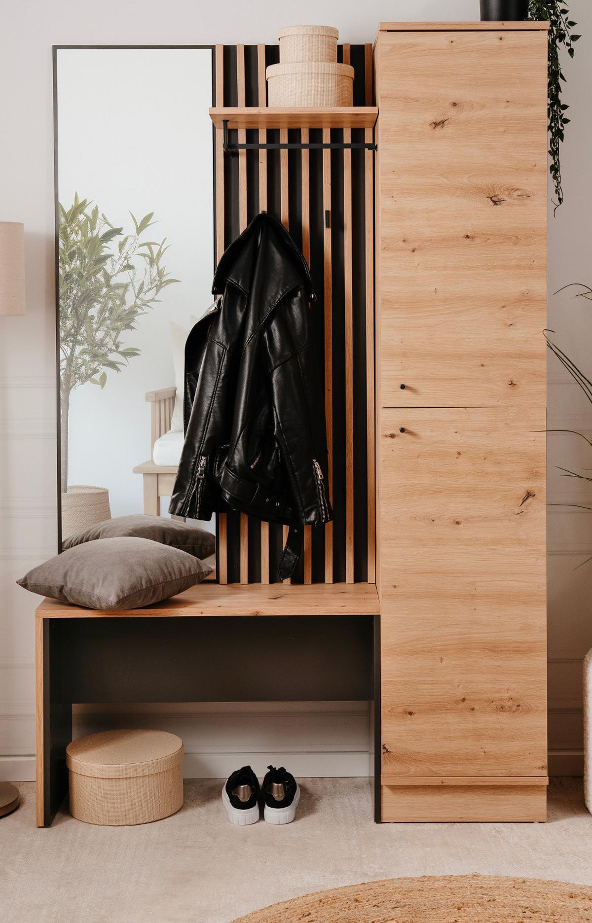 GARDEROBE Eiche Artisan, grau 122 cm, Kompaktgarderobe mit Spiegel - Anthrazit/Schwarz, Holzwerkstoff/Kunststoff (122/190/37cm) - Furn.Design