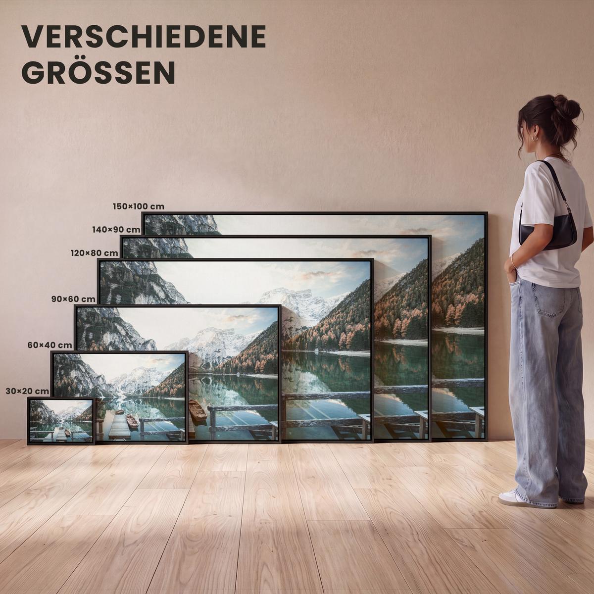 LEINWAND Bilder mit Rahmen - Natur - Berge - Schnee - Wald - Boot - 60x40 - Hellgrün, Textil (60/40cm) - MuchoWow