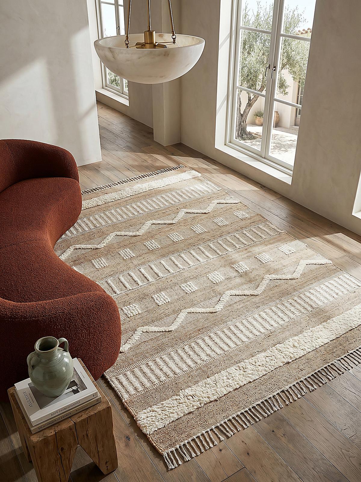 JUTETEPPICH handgewebt mit Fransen WHARFE, im Ethno-Stil, Natur-Weiß, 120 x 170 cm - Weiß, Textil (170/120cm) - KADIMA DESIGN