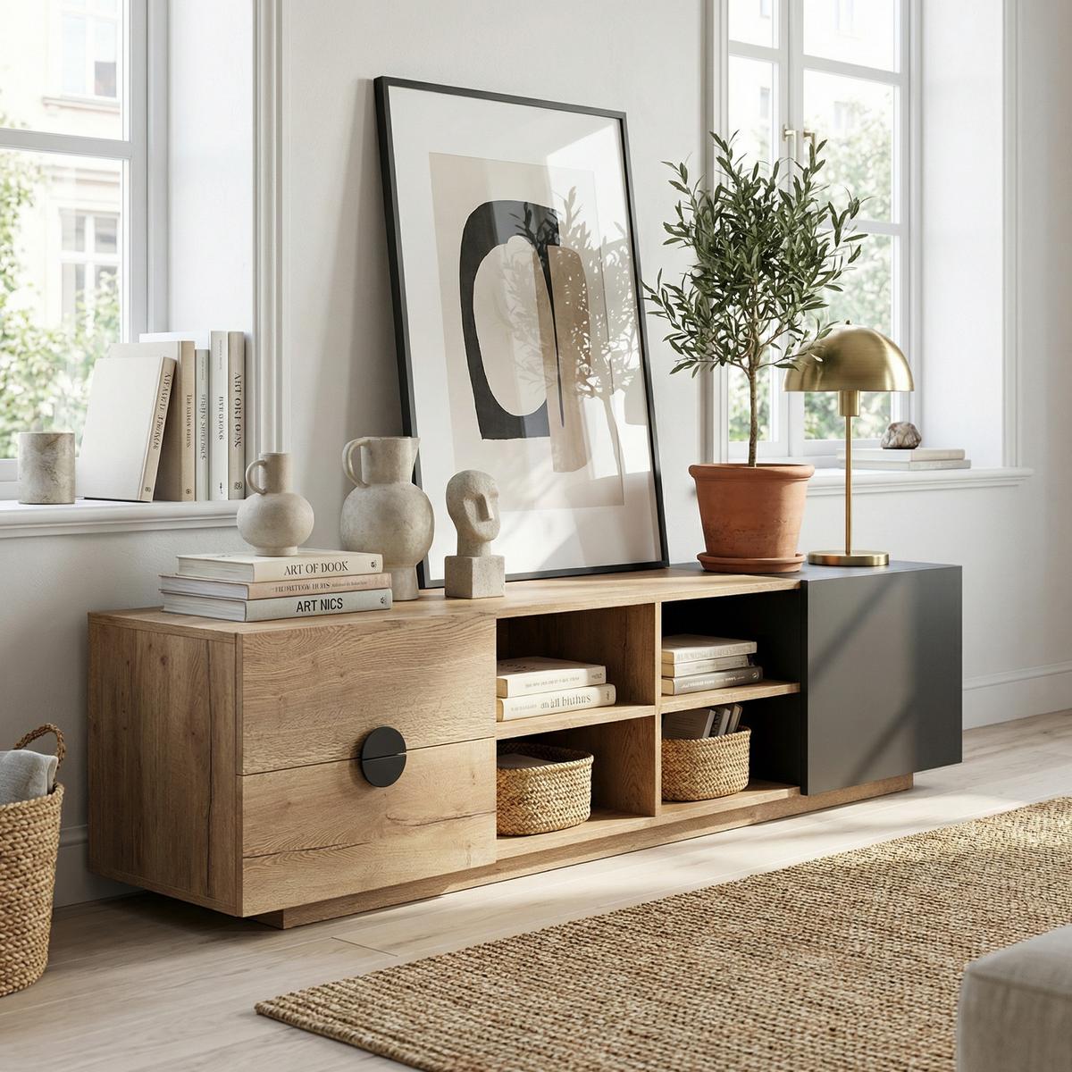 TV-SCHRANK 180 cm Holz & Schwarz mit Schublade, offenen Fächern und Schrank - Schwarz, Holzwerkstoff (180/47/38.5cm) - Urban Meuble