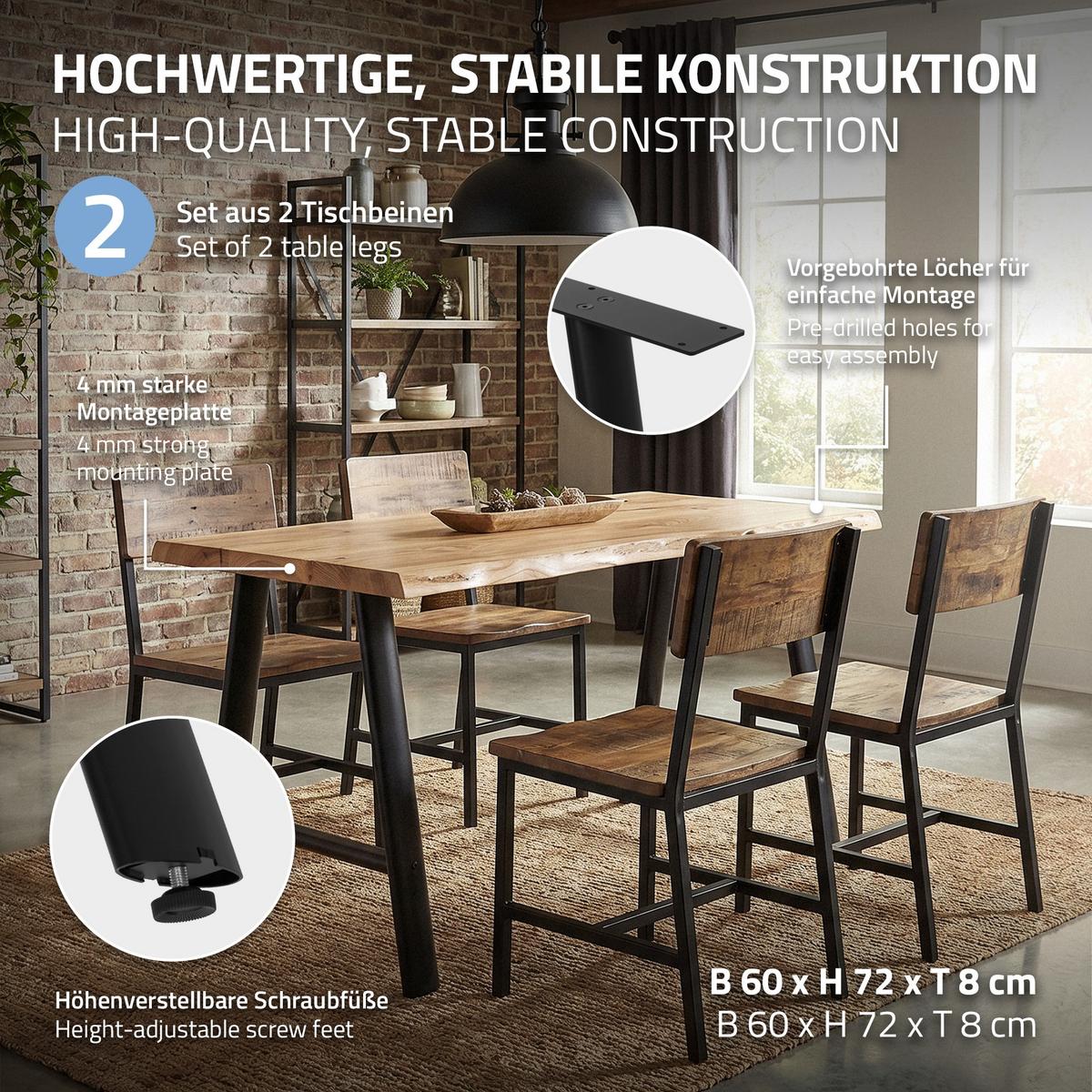 TISCHBEINE Metall Schwarz 2er Set 60x72 cm Oval Tischgestell A-Form aus Stahl - Schwarz, Metall (8/72/60cm) - ML-DESIGN
