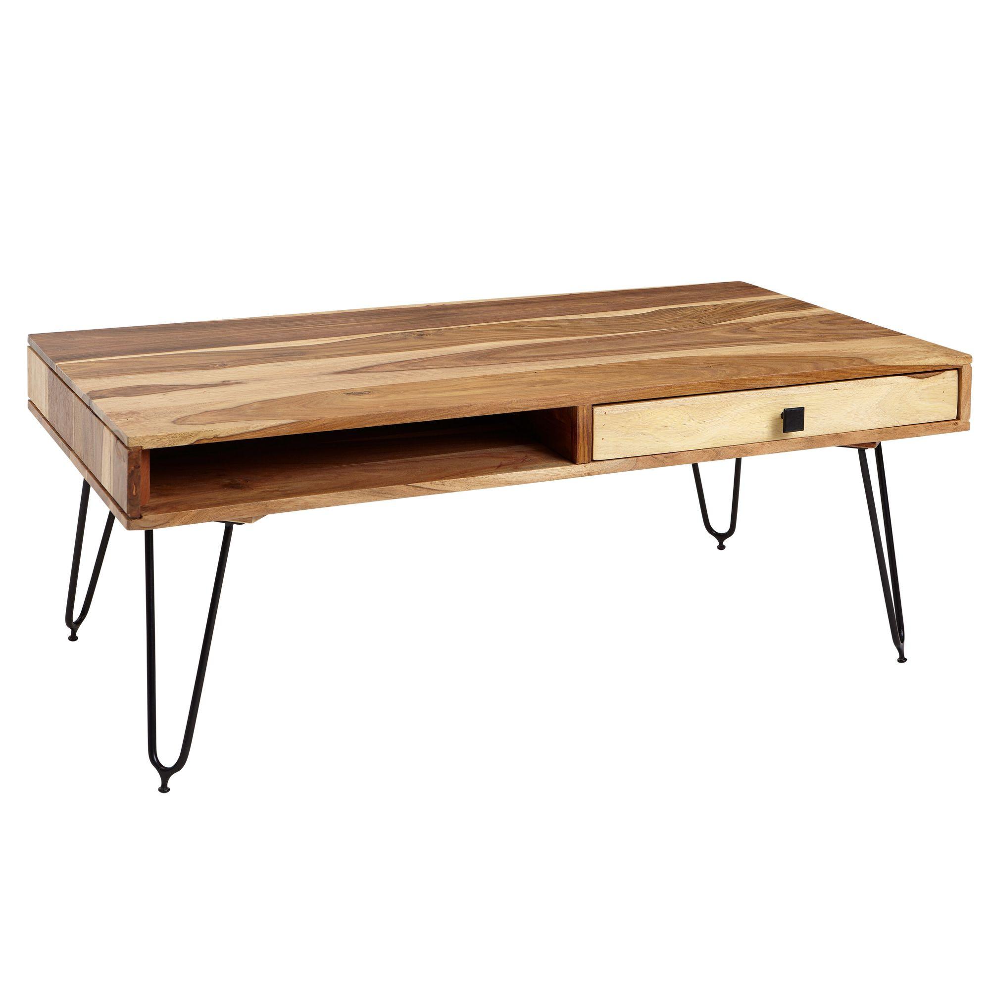 COUCHTISCH Massivholz mit Metallbeinen im Landhausstil, Akazie 60x110x40 cm - Schwarz/Akaziefarben, Holz/Metall (110/60/40cm) - KADIMA DESIGN