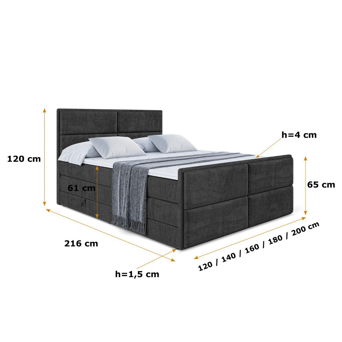 BOXSPRINGBETT AURA-Z KING - 120 x 200 - H3/H4 - Schwarz - Schwarz, Holzwerkstoff (120/200cm) - ALTDECOR