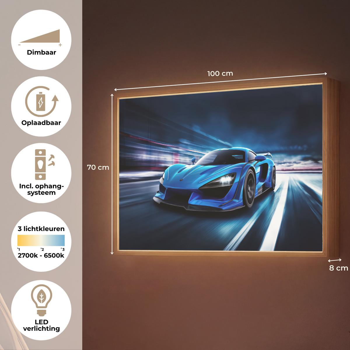 WANDLEUCHTE MIT AKKU Auto - Blau - Jungen - Kind 100x70 cm - Blau, Holzwerkstoff (100/70/8cm) - OnlyWow