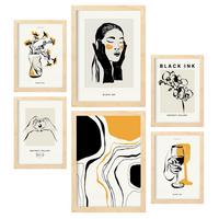 POSTER Set Mit 6 In Schwarzer Tinte Anspruchsvoll Künstlerische Und Abstrakte Drucke Für Innenarchitektur A3 & A4 Rahmen Aus Hellem Holz - Beige, Papier (29/3cm) - Nacnic