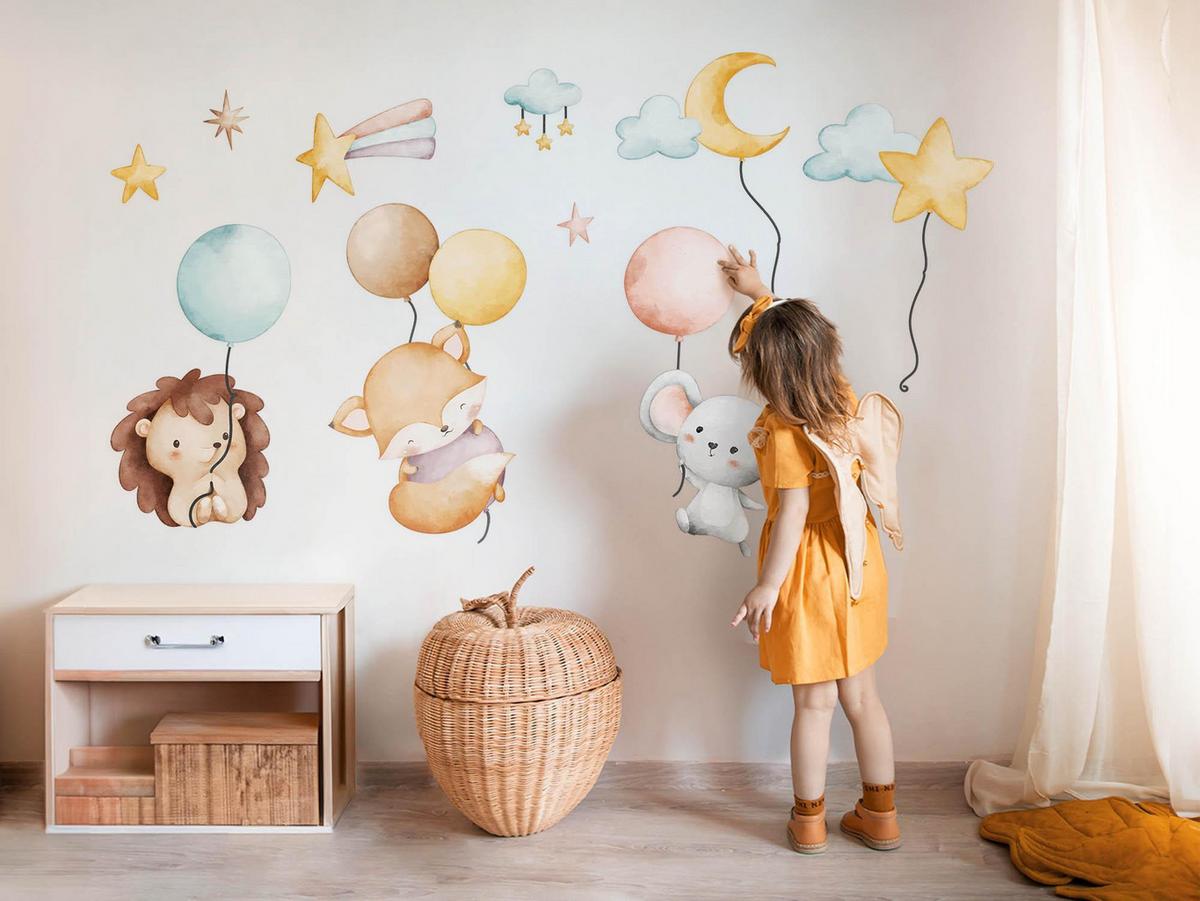 WANDAUFKLEBER 60x104cm - Tiere mit Luftballons - Multicolor, Kunststoff (60/104/0.1cm) - Wallfluent