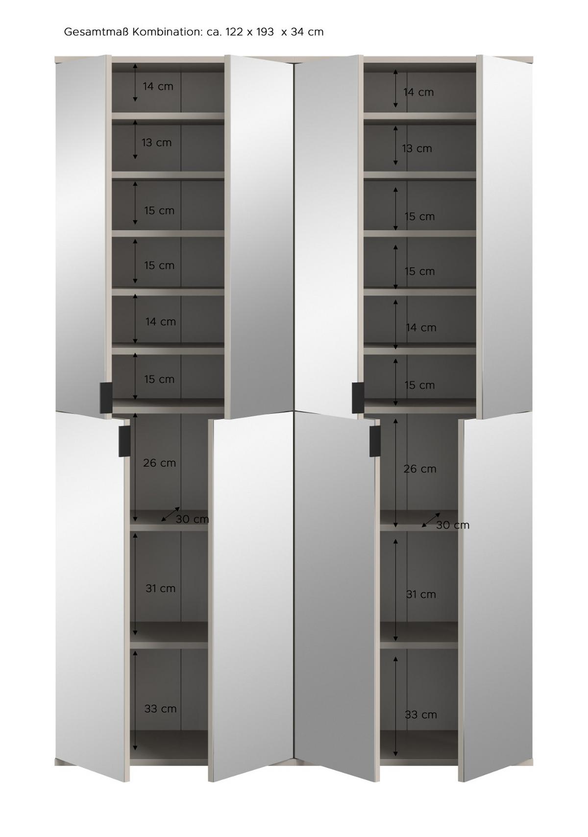 GARDEROBENSCHRANK Kaschmir 122 x 193 cm, Flurschrank mit Spiegel - Kaschmir/Schwarz, Glas/Holzwerkstoff (122/193/34cm) - Inn.Furn