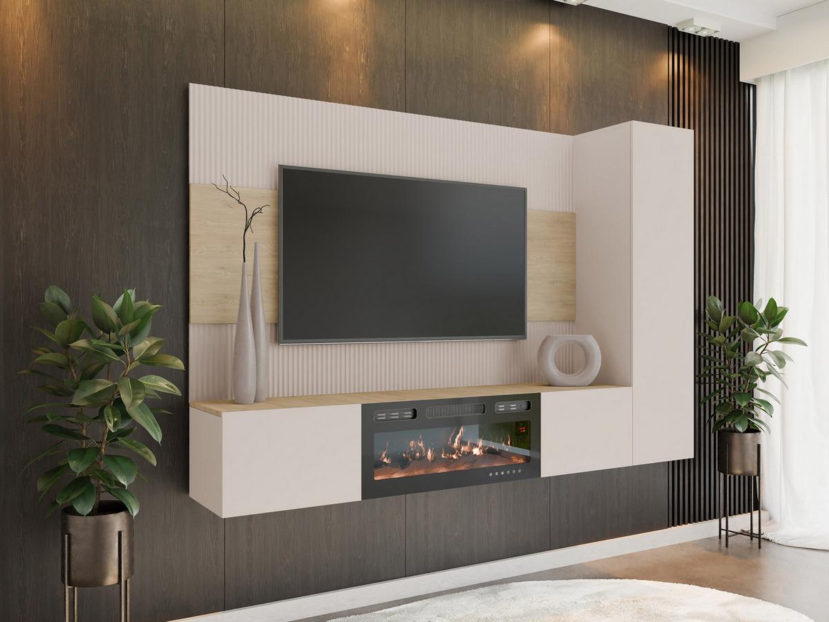 WOHNWAND Deromi VI mit Kamin - Beige, Holzwerkstoff (220/150/38cm) - MIRJAN24