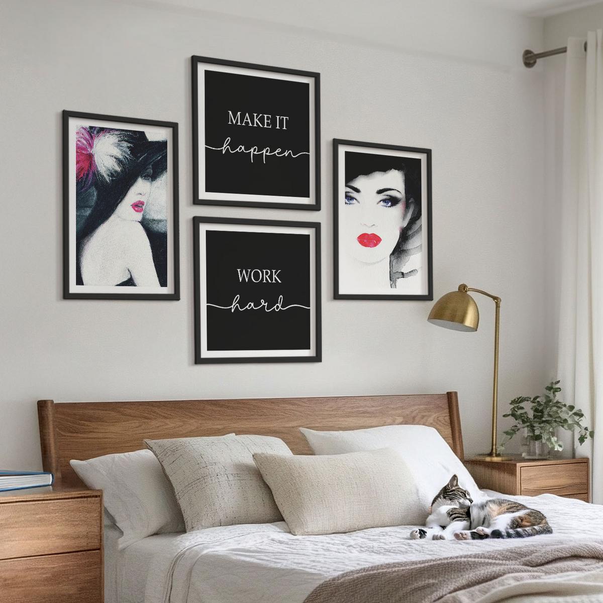 BILDER SET 4er Set - 50x50 cm & 40x60 cm Schwarzer Rahmen - Porträts von Frauen mit Lippen - Schwarz, Kunststoff (50/50cm) - TULUP