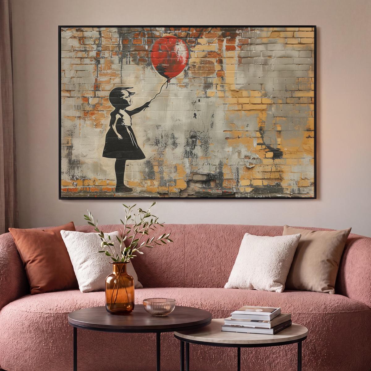 LEINWAND Bilder mit Rahmen - Graffiti - Banksy - Mädchen - Straßenkunst - 150x100 - Sandfarben, Textil (150/100cm) - MuchoWow