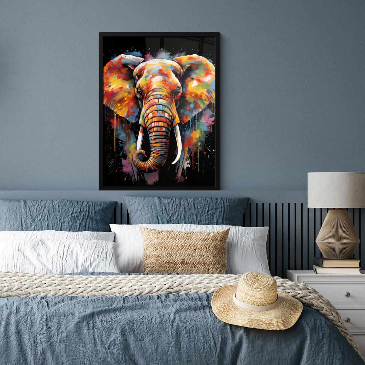 POSTER MIT RAHMEN Elefant - Graffiti - Schwarz - Tiere - Farben Posterleiste 60x80 cm - Schwarz, Papier (60/80cm) - MuchoWow