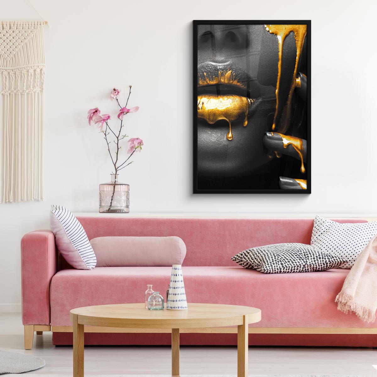 POSTER MIT RAHMENGERAHMTES BILD Frau - Schwarz - Gold - Gesicht - Lippen 60x90 cm - Goldfarben, Papier (60/90cm) - MuchoWow