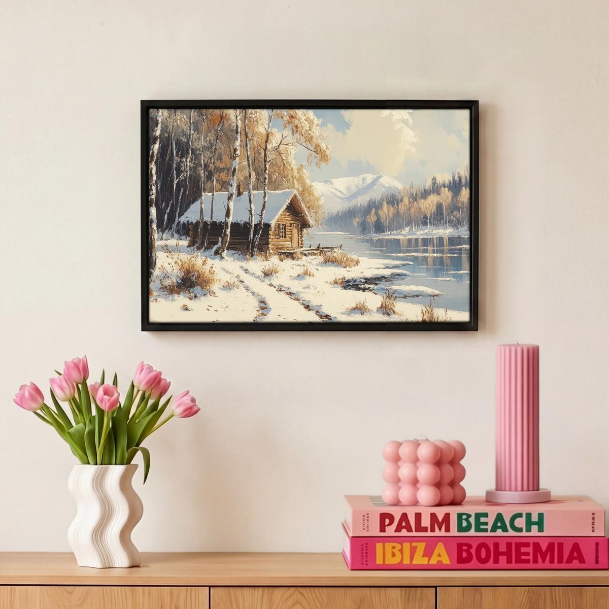 LEINWAND Bilder mit Rahmen - Winter - Schnee - Zuhause - Natur - 30x20 - Hellbraun, Textil (30/20cm) - MuchoWow