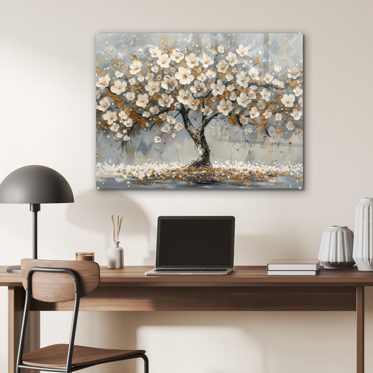 ACRYLGLASBILD Baum - Blumen - Weiß - Natur - Kunst 80x60 cm - Weiß, Glas (80/60cm) - MuchoWow