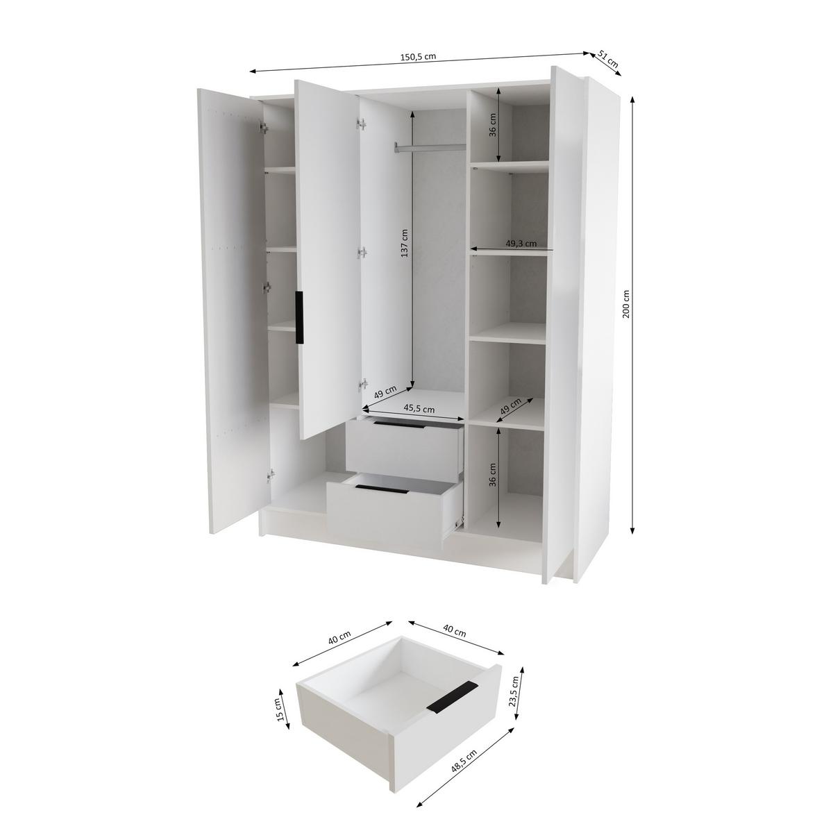 DREHTÜRENSCHRANK CAVA 150,5/200/51 cm Modern Kleiderschrank 3-türig mit Spiegel Schwarz - Schwarz/Weiß, Holzwerkstoff (150.5/200/51cm) - MASSENO