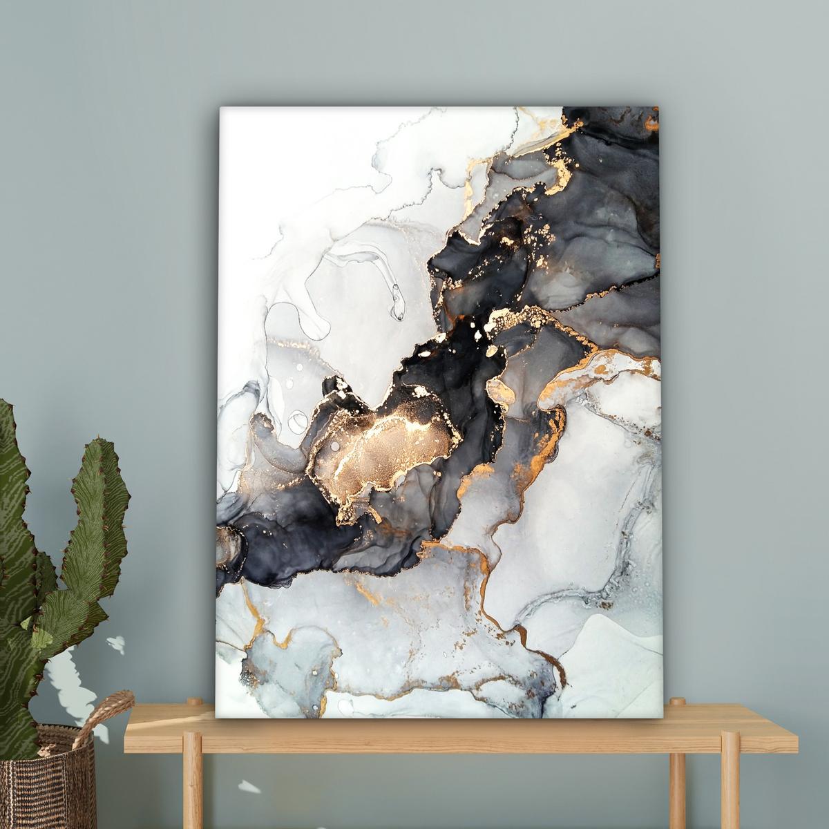 LEINWANDBILD Marmor - Schwarz - Weiß - Gold - Luxus - Abstrakt Wandbild Wohnzimmer 60x80 cm - Goldfarben, Textil (60/80cm) - MuchoWow