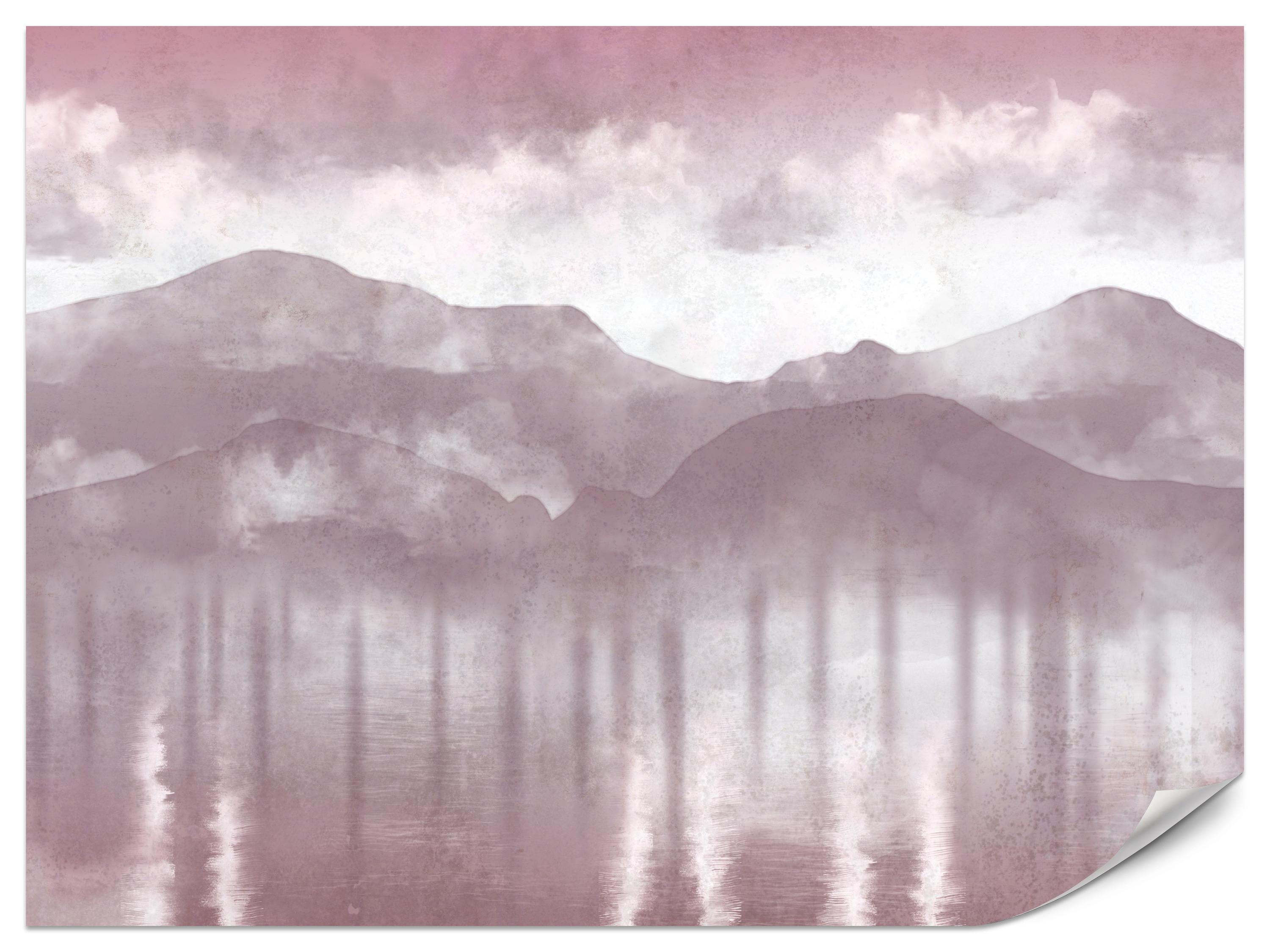 FOTOTAPETE Neblige violette Landschaft Berge 450x315 - Violett/Rosa, Papier (450/315cm) - Muralo
