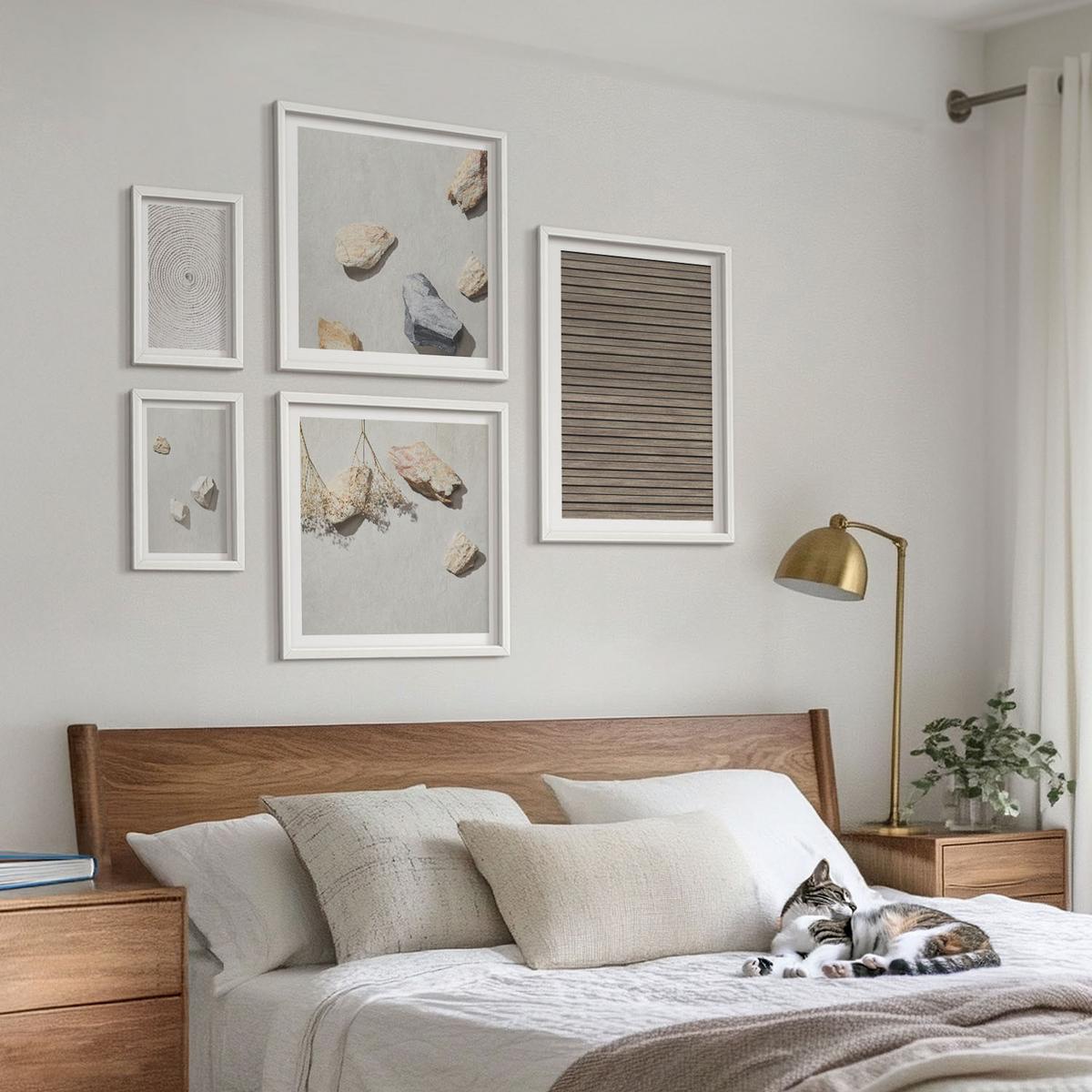 BILDER SET 5er Set - 50x50 cm & 20x30 cm & 40x60 cm Weißer Rahmen - Natürliche Texturen Holz Steine - Weiß, Kunststoff (40/60cm) - TULUP