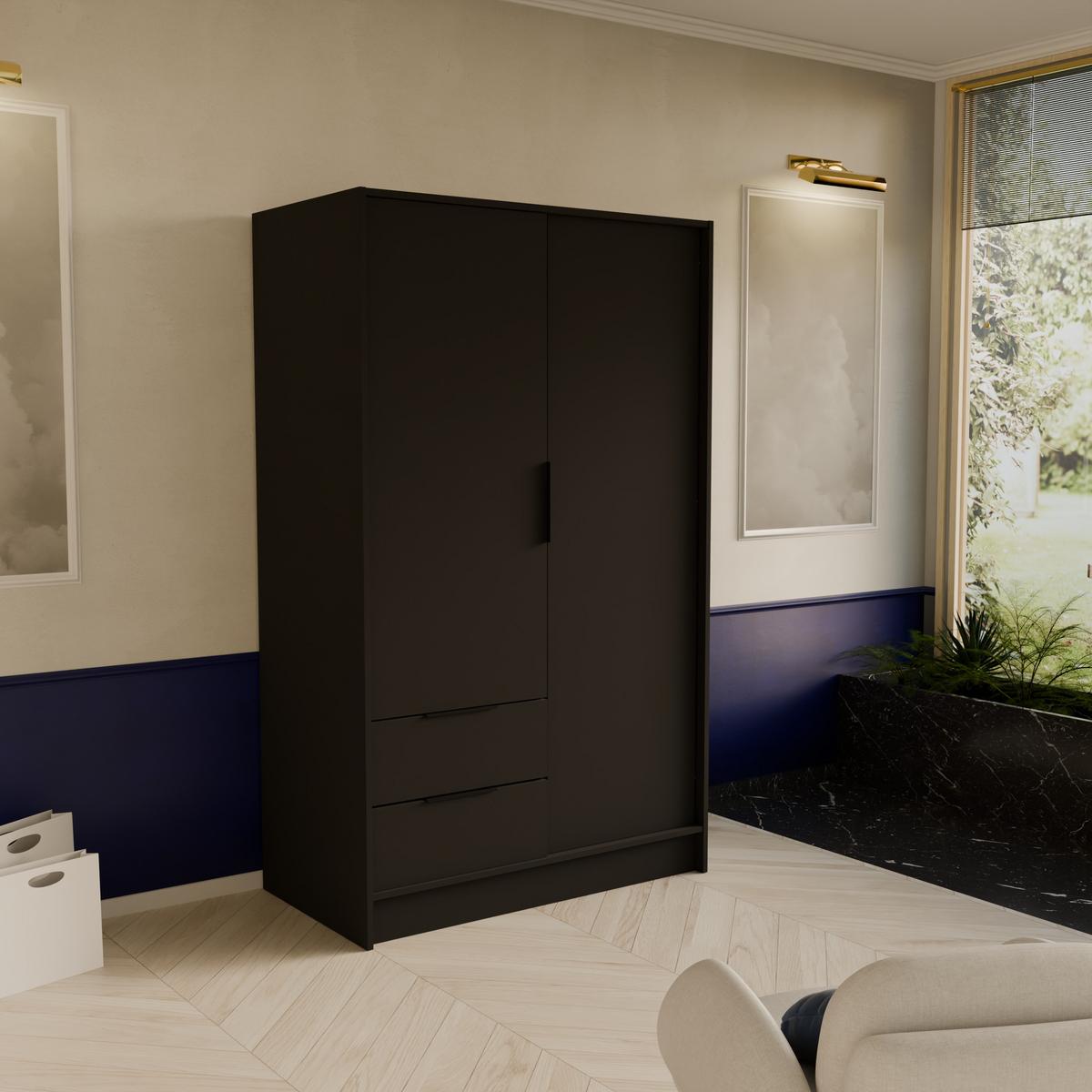 DREHTÜRENSCHRANK CAVA 102/200/51 cm Modern Kleiderschrank 2-türig Schwarz - Schwarz, Holzwerkstoff (102/200/51cm) - MASSENO