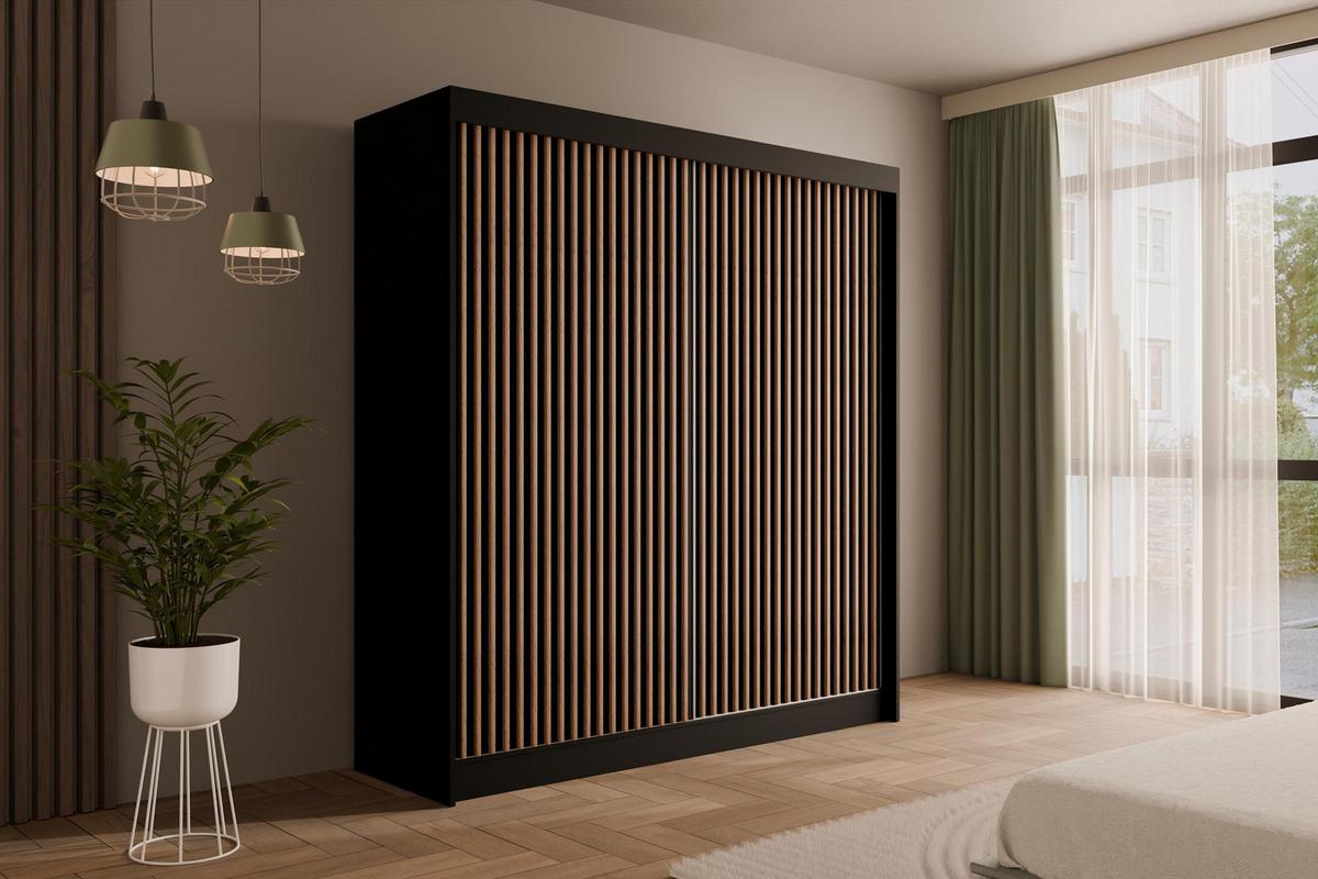 KLEIDERSCHRANK mit Lamel-Schiebetüren VILANv2 - 200 cm Schwarz + Lamelle Eiche Wotan - Eiche Wotan/Schwarz, Holzwerkstoff (200/215/61cm) - ALTDECOR