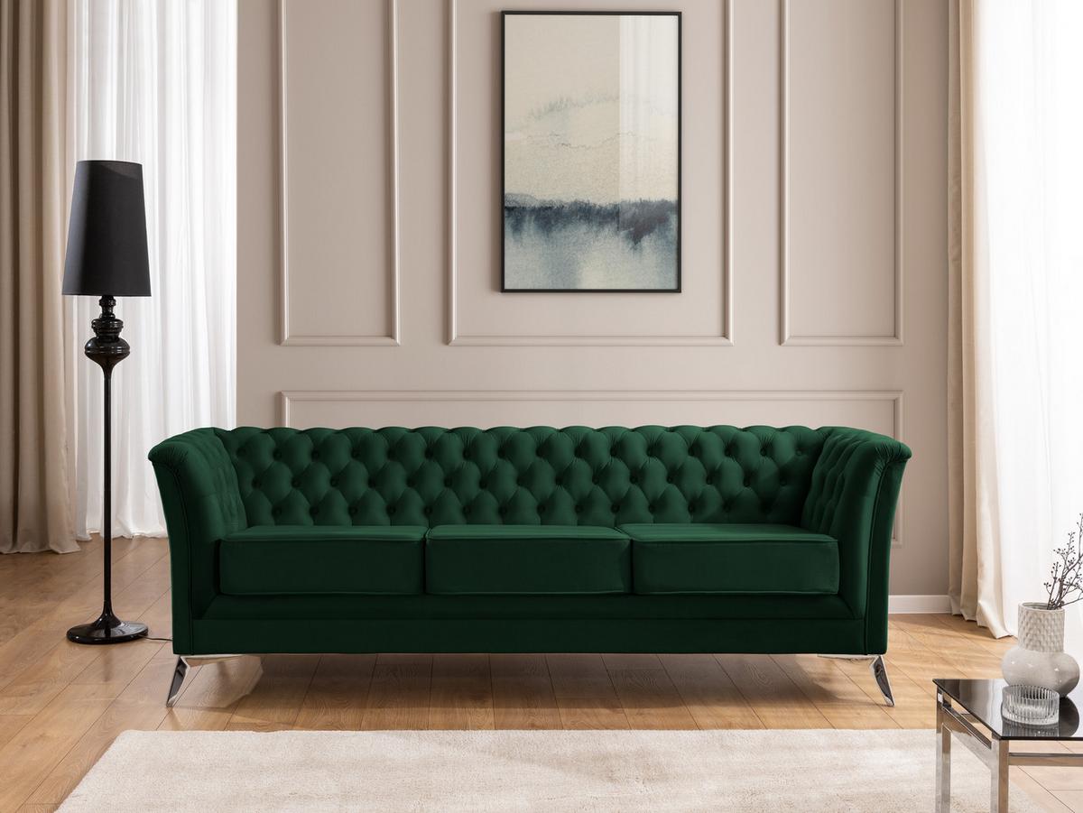 SITZGARNITUR 3+1 Chesterfield Whitby Flasche Grün Samt mit silbernen Füßen - Dunkelgrün/Silberfarben, Holz/Textil (237/78/82cm) - S-Style Möbel