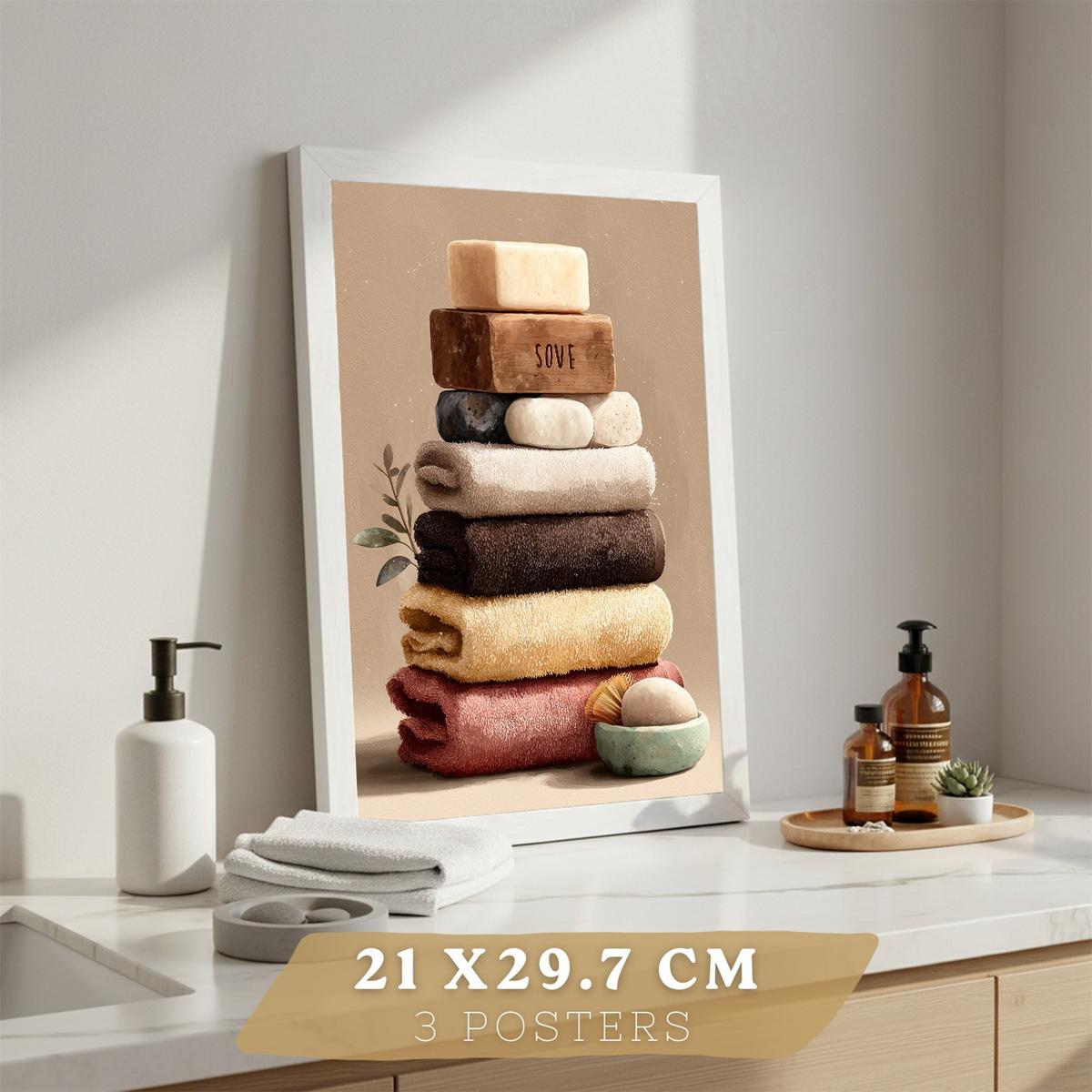 POSTER 3er-Set dekorative Badezimmerbilder, Wanddekoration, motive im natürlichen, für Toilette, mit Handtüchern, Kerzen und Seifen Rahmenlos A4 - Klar, Papier (29.7/21/3cm) - Nacnic