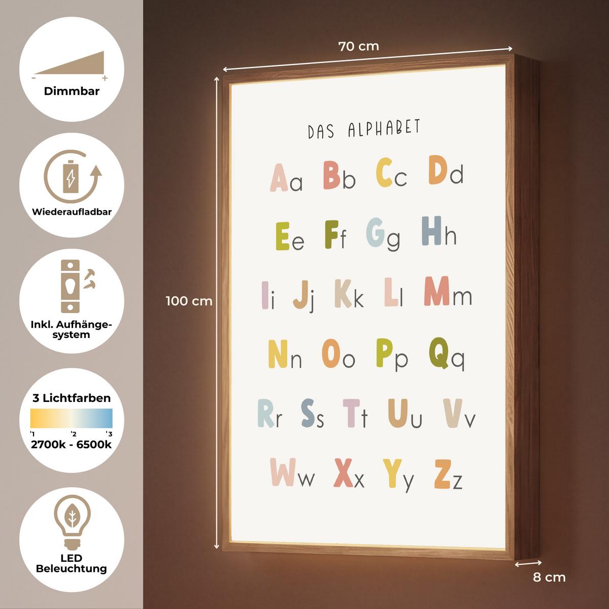 NACHTTISCHLAMPE MIT AKKU Pädagogisch - Alphabet lernen - Farbenfroh - Weiß - Buchstaben 70x100 cm - Weiß, Holzwerkstoff (8/70/100cm) - OnlyWow