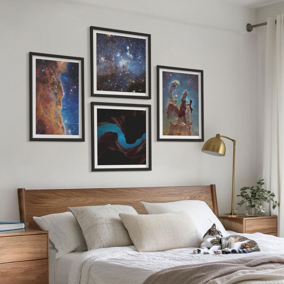 BILDER SET 4er Set - 50x50 cm & 40x60 cm Schwarzer Rahmen - Weltraumlandschaften von Galaxien - Schwarz, Kunststoff (50/50cm) - TULUP