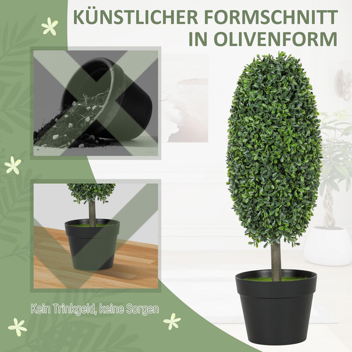 KÜNSTLICHE Buchsbaum 2er-Set 60 cm Kunstpflanze im Olivenform, Dekoration - Schwarz/Grün, Kunststoff (60cm) - HOMCOM