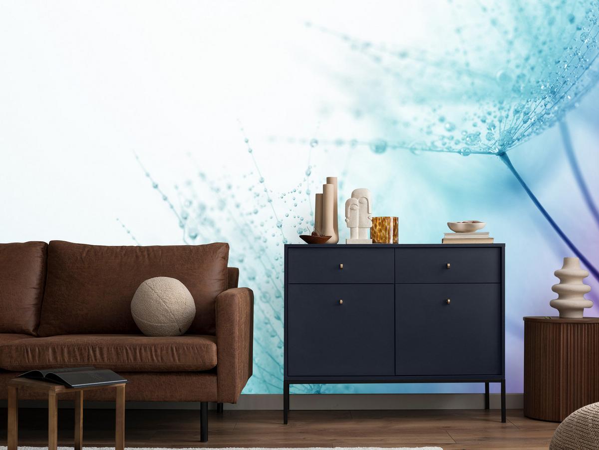 FOTOTAPETE für Badezimmer Leuchtende Löwenzahnblüten Wassertropfen Blau 200x140 - Türkis/Blau, Papier (200/140cm) - Muralo