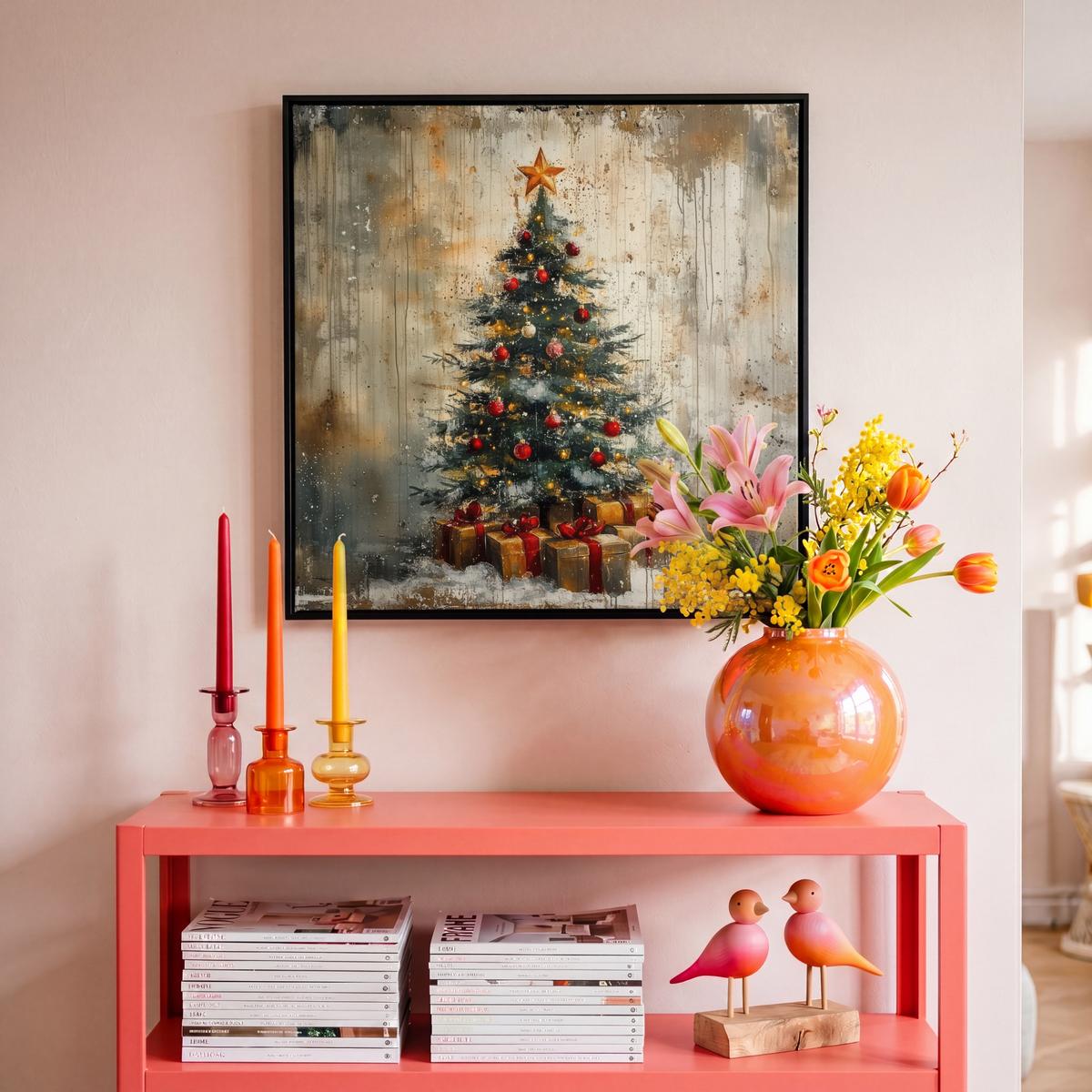 LEINWAND Bilder mit Rahmen - Weihnachtsbaum - Vintage - Weihnachten - Geschenk - 50x50 - Rostfarben, Textil (50/50cm) - MuchoWow