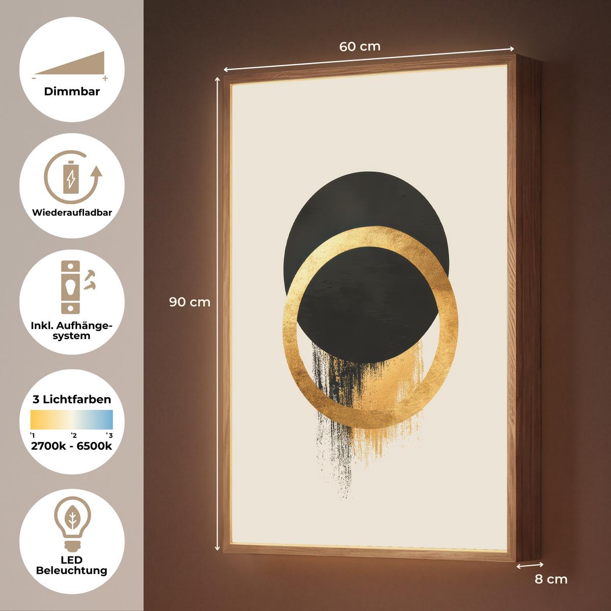 WANDLEUCHTE MIT AKKU Abstraktes Design - Schwarzer Kreis - Farbflecken 60x90 cm - Creme, Holzwerkstoff (60/90/8cm) - OnlyWow