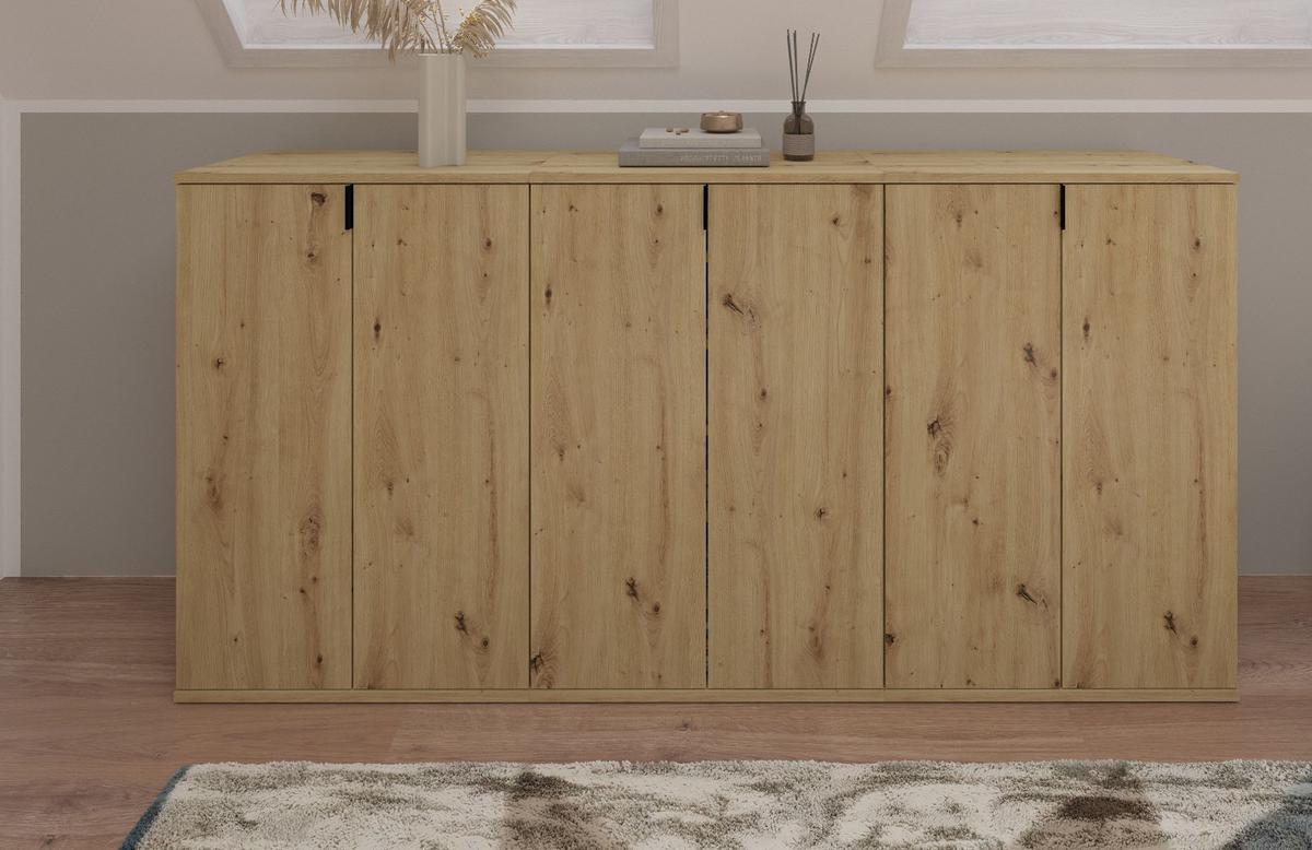 SIDEBOARD Eiche Artisan 183 cm, Kommode mit viel Stauraum - Schwarz/Eiche Artisan, Holzwerkstoff/Metall (183/99/34cm) - Inn.Furn