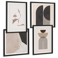 BILDER SET 4er Set - 50x50 cm & 40x60 cm Schwarzer Rahmen - Abstrakte weiß-braune Muster - Schwarz, Kunststoff (50/50cm) - TULUP