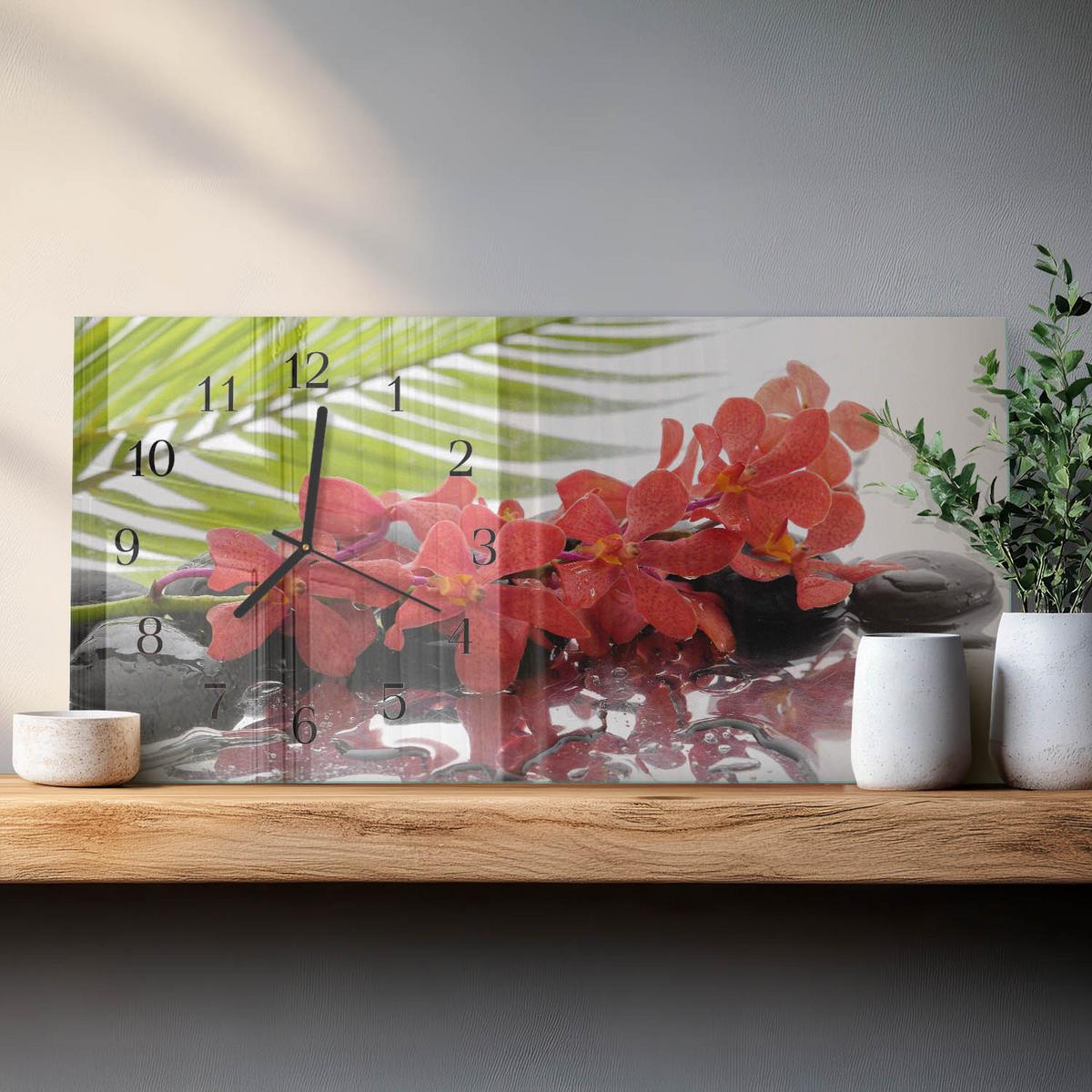 WANDUHR aus Glas 60x30 cm - Blumen und Steine - Rot, Glas (60/30/0.4cm) - TULUP